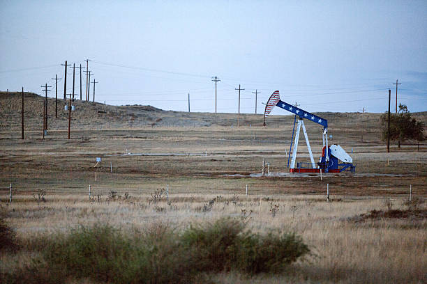 Fracking Oil Well in America Industrial Fracking Oil Well pumping natural resourcesFracking Oil Well is conducting a fracking procedure to release trapped crude oil and natural gas to be refined and used as energy. Pump jack is painted in an American Flag style siberian flag stock pictures, royalty-free photos & images