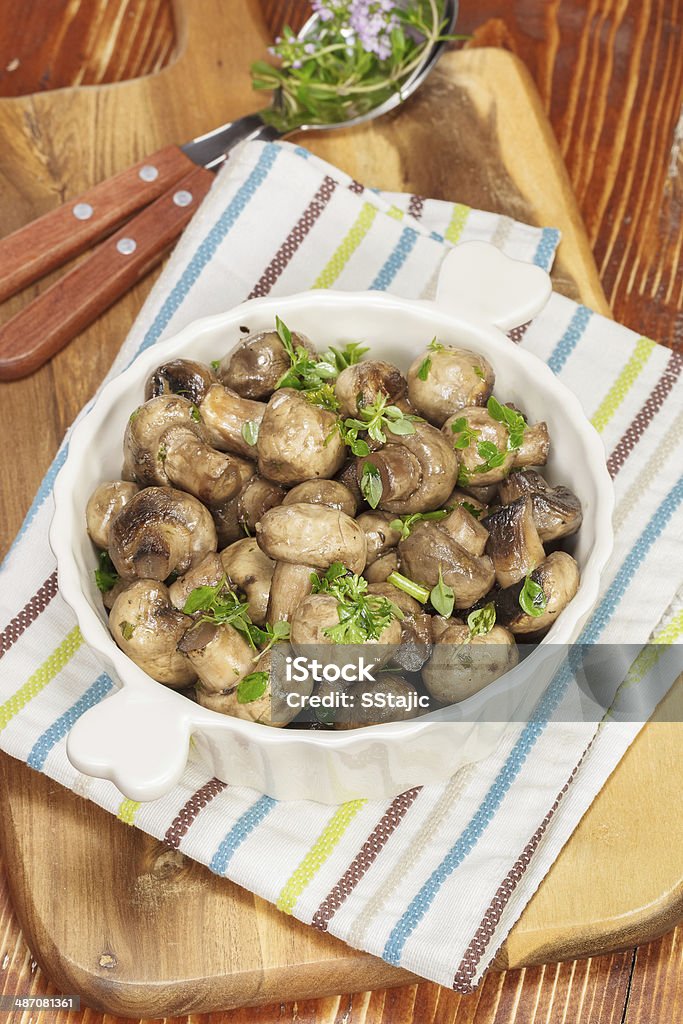 Fried mushrooms Fried mushrooms with garlic, thyme, and balsamic vinegar Balsamic Vinegar Stock Photo