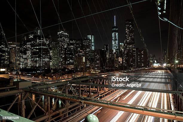 Traffic On The Brooklyn Bridge Stock Photo - Download Image Now - Aerial View, Architecture, Blurred Motion