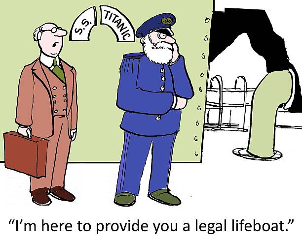 Legal Lifeboat Legal and business cartoon showing the captain of Titanic and lawyer saying to him, "I'm here to provide you a legal lifeboat." sinking ship pictures pictures stock illustrations