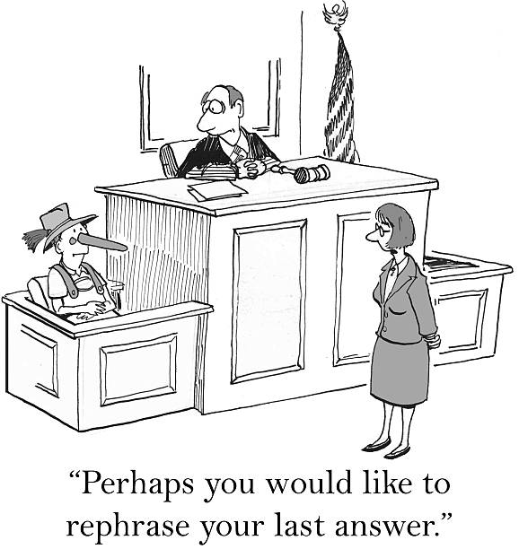 Witness is Not Telling the Truth Law cartoon showing a courtroom and a witness on the judge's stand with an unusually long nose.  Lawyer says to him, "Perhaps you would like to rephrase your last answer." lawyer cartoon stock illustrations
