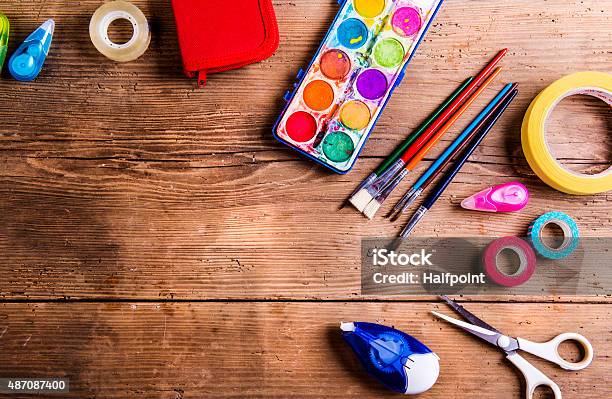 Back To School Composition Stock Photo - Download Image Now - Art And Craft, Desk, Pencil Case