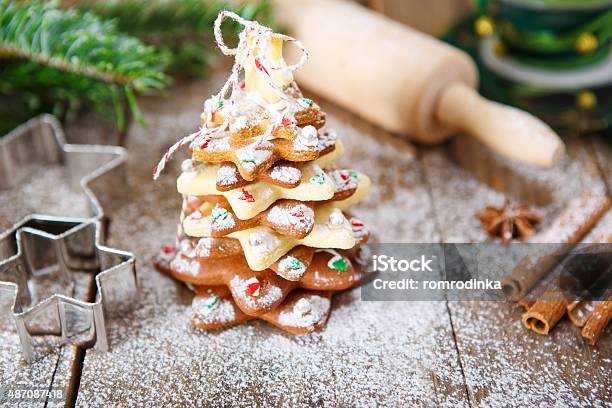 Homemade Baked Christmas Gingerbread Tree On Vintage Wooden Back Stock Photo - Download Image Now