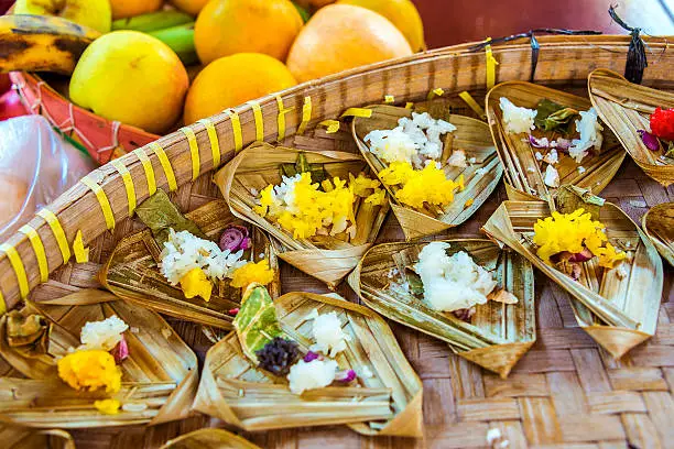 Photo of Small Rice Offerings and Fruit in Bali