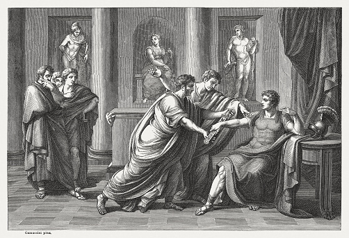 Gnaeus Pompeius Magnus (Pompey,  106 BC - 48 BC) urged by the Senate. Pompey was a military and political leader of the late Roman Republic. Wood engraving after an oil painting (1819) by Vincenzo Camuccini (Italian painter, 1771 - 1844), published in 1878.