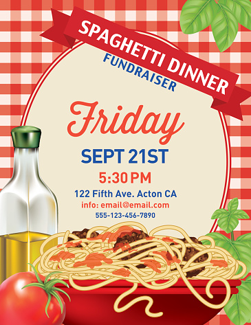 Spaghetti Dinner  Invitation Poster Template on red plaid Background.  At the bottom  is a bowl of spaghetti,  herb sprigs, a tomato and bottle of olive oil. In the middle is a pastel frame with a red ribbon banner at the top. There is text in the middle of the frame.  Spaghetti noodle 'brush' is included in the brush palette.