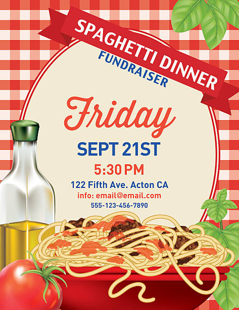 Spaghetti Dinner Vertical Invite Poster Template on Red Plaid Tablecloh Spaghetti Dinner  Invitation Poster Template on red plaid Background.  At the bottom  is a bowl of spaghetti,  herb sprigs, a tomato and bottle of olive oil. In the middle is a pastel frame with a red ribbon banner at the top. There is text in the middle of the frame.  Spaghetti noodle 'brush' is included in the brush palette. spaghetti stock illustrations