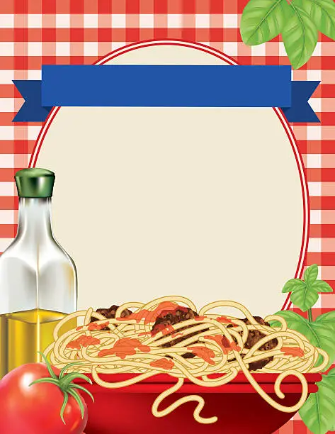 Vector illustration of Spaghetti Dinner Poster Template on Red Plaid Tablecloth