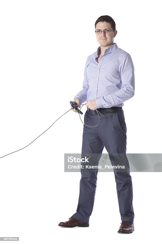 man isolated on white background crimps internet cable Adult Stock Photo