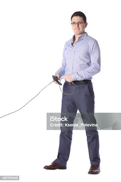Man Isolated On White Background Crimps Internet Cable Stock Photo - Download Image Now