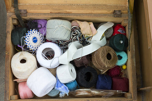 istock Wooden box with sewing items 487102551