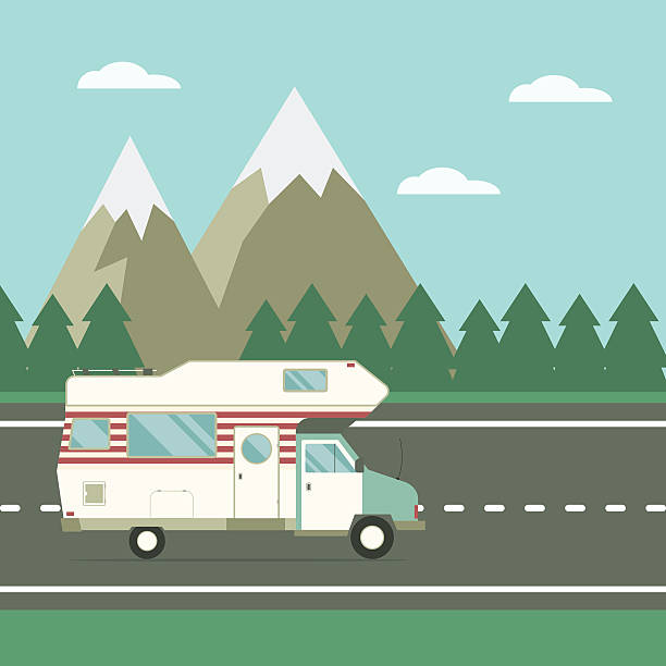 illustrations, cliparts, dessins animés et icônes de voyageur camion sur la route au paysage de campagne - terrain de mobile homes