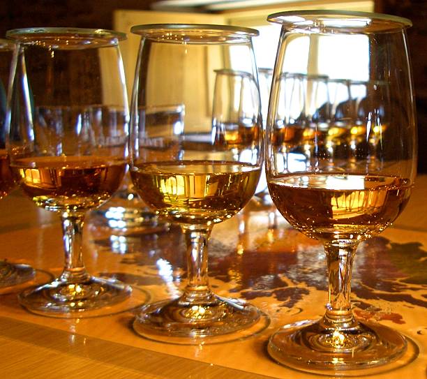 whisky tasting Scotch whiskey glasses in a row