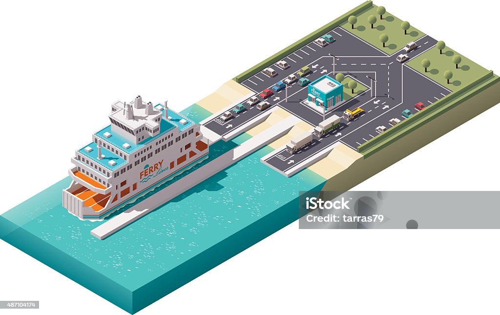 Vector isometric ferry port Isometric icons representing unloading ferry in harbor Isometric Projection stock vector