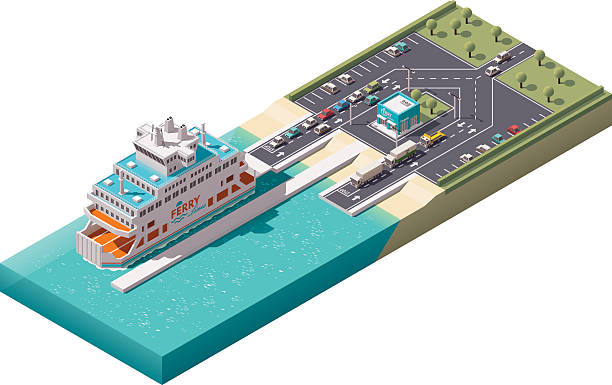 Vector isometric ferry port Isometric icons representing unloading ferry in harbor ferry stock illustrations