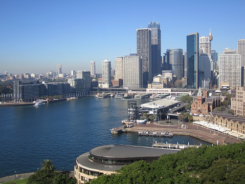 Circular Quay and Downtown Sydney from the viewpoint on the top of the south tower of the Sydney Harbour Bridge.