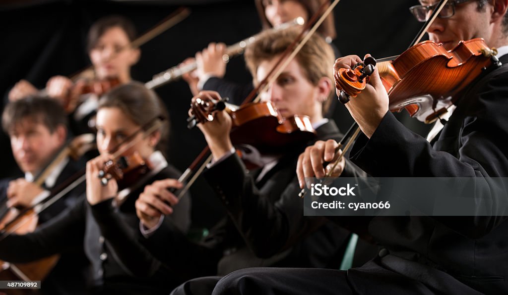 Orquesta primera sección de violín - Foto de stock de Orquesta libre de derechos