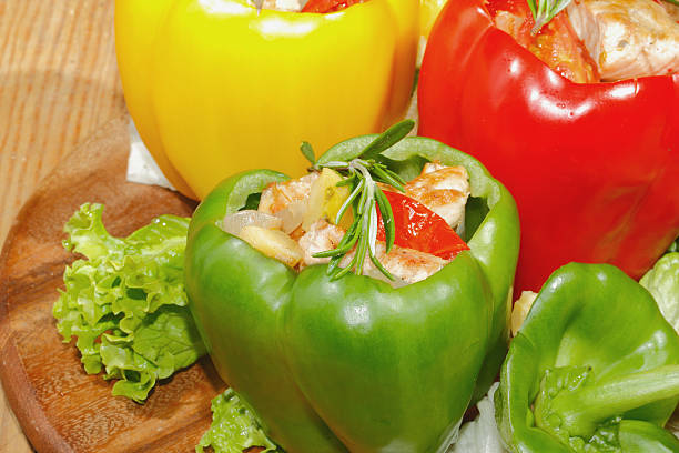 istock Peppers, stuffed, grilled turkey breast, vegetables, salad 487113888