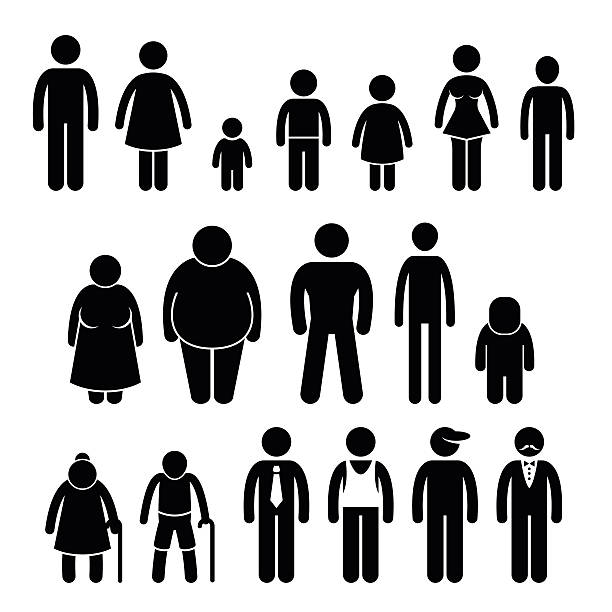 People Character Man Woman Children Age Size Stick Figure Pictogram All human stick figure characters ranging from all ages, sex, body built, and occupation. man and woman differences stock illustrations