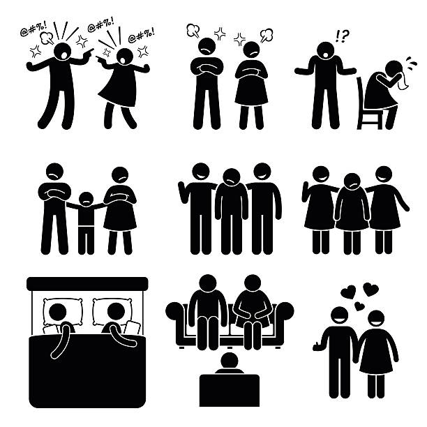 illustrazioni stock, clip art, cartoni animati e icone di tendenza di matrimonio famiglia marito moglie problema coppia con consulente - fighting