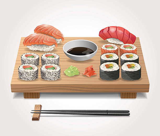 illustrations, cliparts, dessins animés et icônes de ensemble de vecteur de sushi - chopsticks nobody red white background