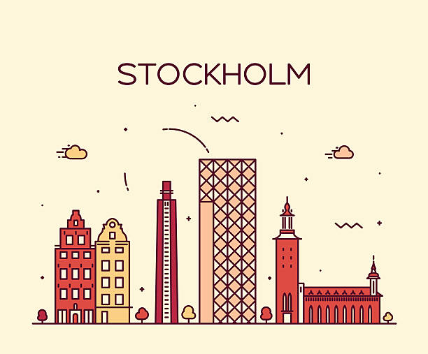 ilustrações, clipart, desenhos animados e ícones de o horizonte de estocolmo ilustração vetorial linear - stockholm silhouette sweden city