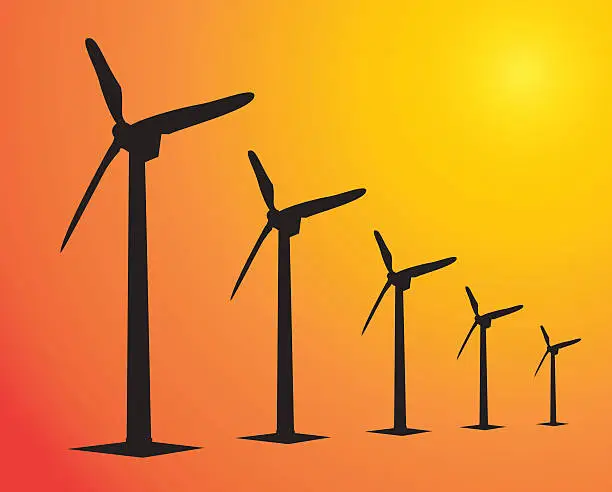 Vector illustration of Wind Turbine landscape illustration. Wind energie.in sunset