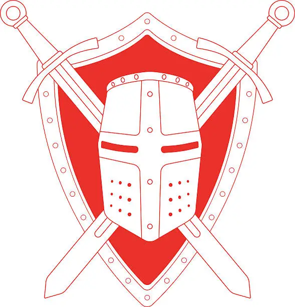 Vector illustration of Two crossed swords shield and helmet emblem. Contour