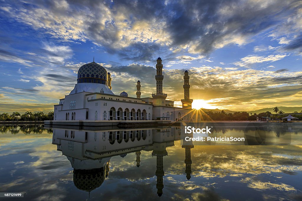 Kota Kinabalu City Floating Mosque, Sabah Borneo East Malaysia Reflection of Kota Kinabalu city mosque at Sabah, Borneo, Malaysia Arabic Script Stock Photo