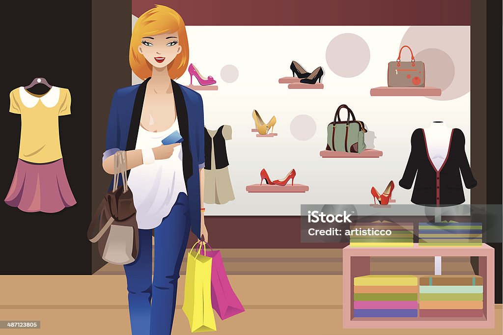 Shopping woman inside the clothing store A vector illustration of shopping woman inside the clothing store holding a credit card Adult stock vector