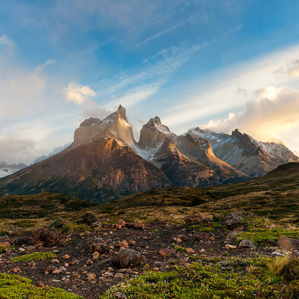 Patagonian Dawn Sunrise over Torres del Paine in Patagonia. cuernos del paine stock pictures, royalty-free photos & images