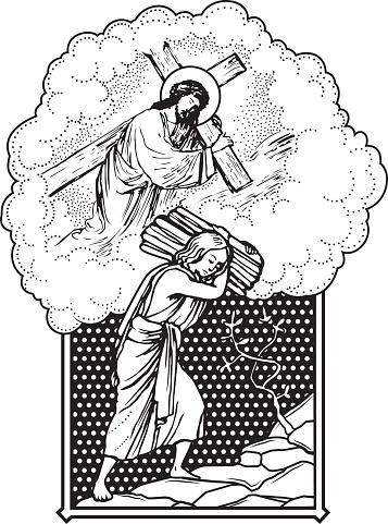 christ carrying cross metaphor old style engraving vector illustration