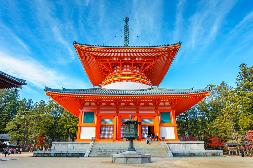Wakayama, Japan - October 29 2014: Konpon Daito pagoda situated at Danjo Garan temple in Koyasan, established by Kobo Daishi at the time he entered Koyasan