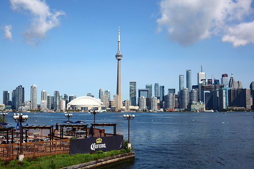 A morning view of the Toronto Harbourfront Centre area.  This district attracts downtown residents and tourists to its many attractions, events, beautiful waterfront, bars, restaurants and shops.