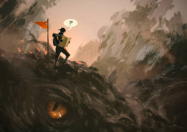 lost hiker with backpack looking at map funny illustration painting showing lost hiker with backpack looking at map lizard pictures stock illustrations