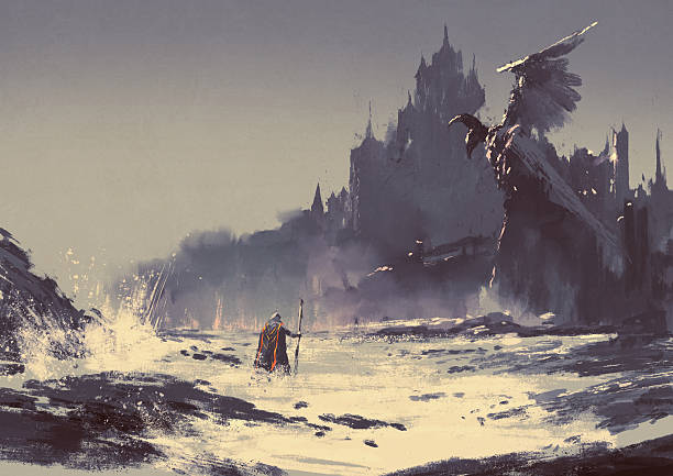 dark fantasy castle illustration painting of king walking through sea beach next to fantasy castle in background medieval illustrations stock illustrations