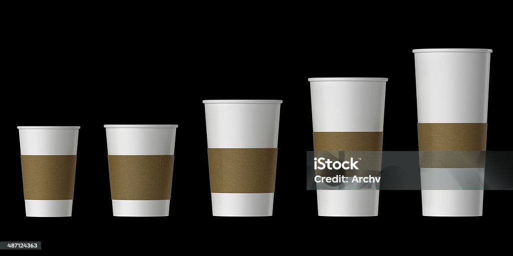 Blank disposable cup with heat proof paper Blank disposable cup with heat proof paper, Extra, Small, Medium, Large, Isolated on black background, Front view Blank Stock Photo