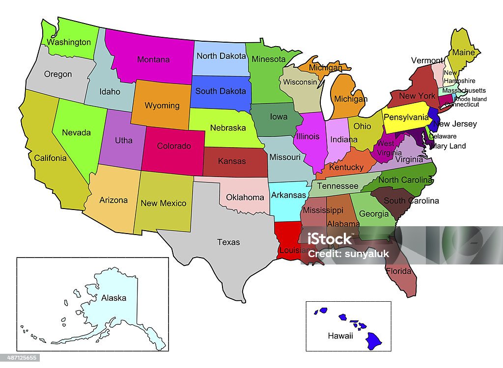 Mapa De Estado De Estados Unidos Con El Nombre De Color Foto de stock y más  banco de imágenes de . - iStock