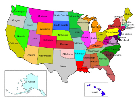 Map of USA with name of stateson white background
