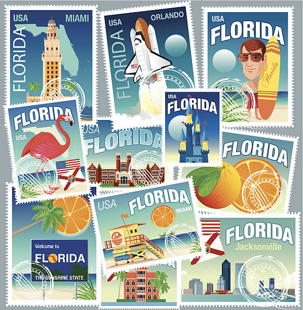 ilustraciones, imágenes clip art, dibujos animados e iconos de stock de sellos de florida - miami beach