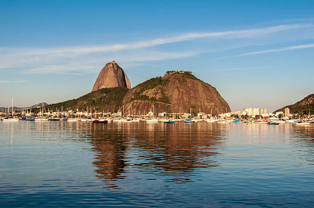 Sugarloaf Mountain in Rio de Janeiro Sugarloaf Mountain with its Reflection in Water Seen from Botafogo Beach, Rio de Janeiro, Brazil. guanabara bay stock pictures, royalty-free photos & images