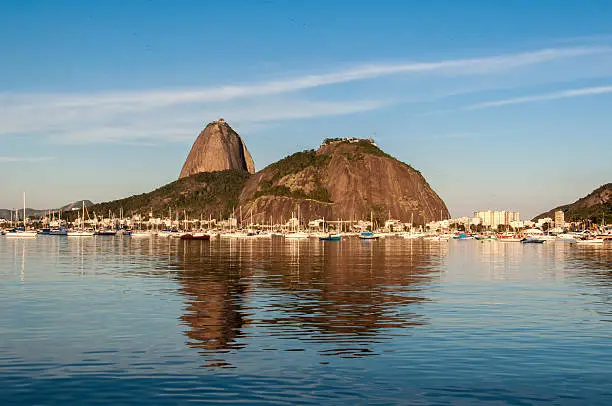Sugarloaf Mountain with its Reflection in Water Seen from Botafogo Beach, Rio de Janeiro, Brazil.