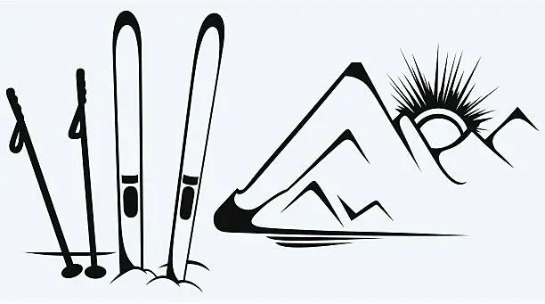 Vector illustration of Mountains and ski equipments