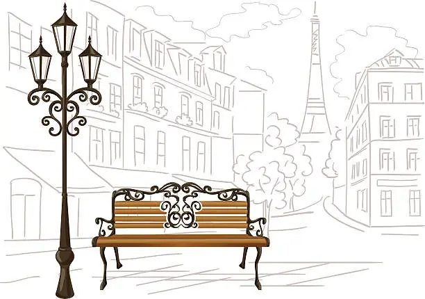 Vector illustration of line drawing of Paris, a bench and a lantern