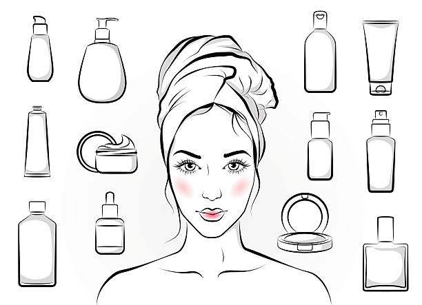 Girl and cosmetics Portrait of  beautiful girl and set of isolated cosmetic products black woman washing hair stock illustrations
