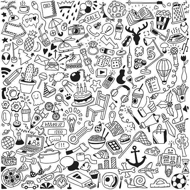 doodle set huge hand-drawn doodle set computer birthday stock illustrations