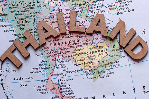 istock Country name Thailand written on global map 487129982