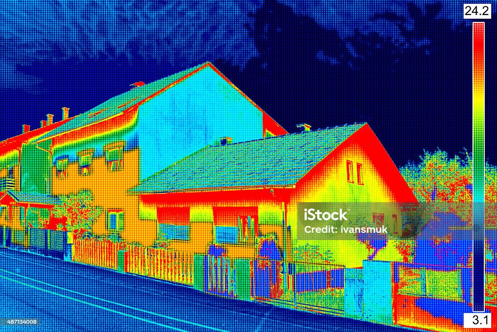 Thermal image on House Infrared thermovision image showing lack of thermal insulation on House Thermal Image Stock Photo