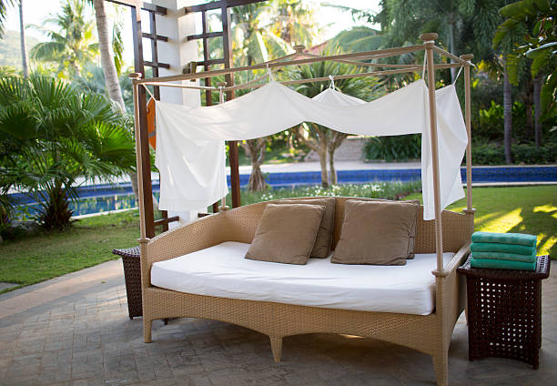 istock rest sofa near the swimming pool 487137152