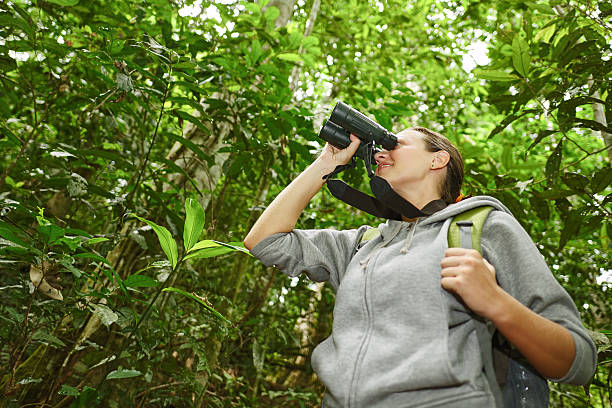 istock hiker watching through binoculars wild birds in the jungle 487137878